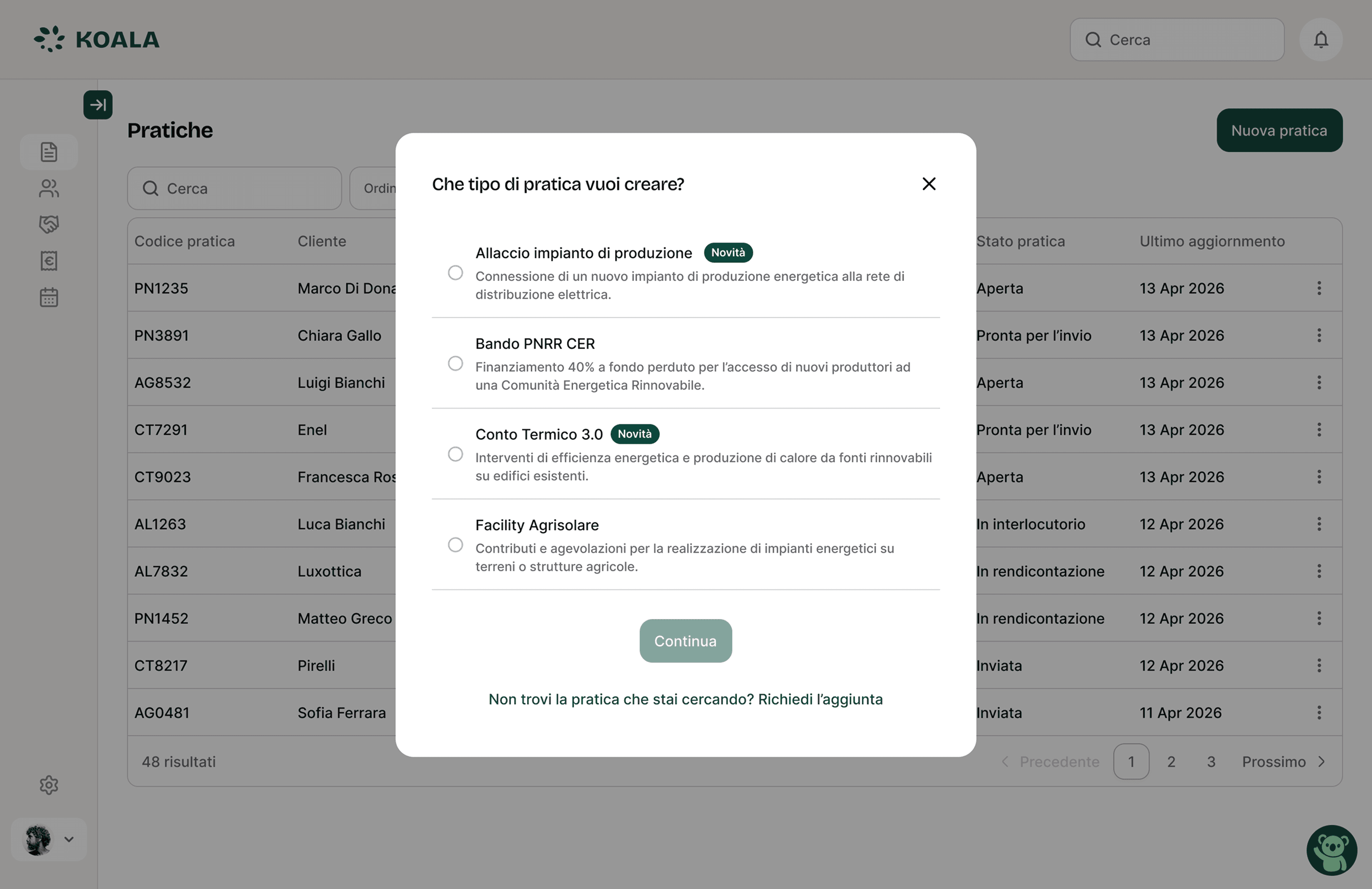 Scelta del tipo di pratica in Koala Pro