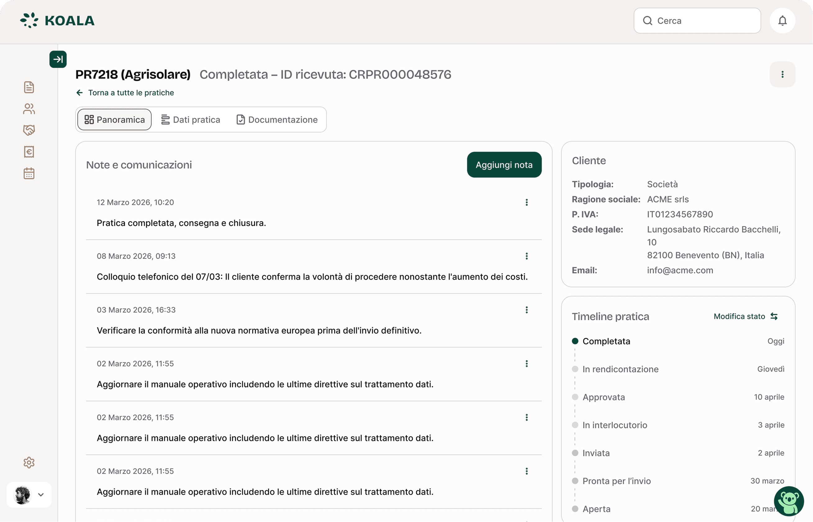 Dettaglio di una pratica in Koala Pro